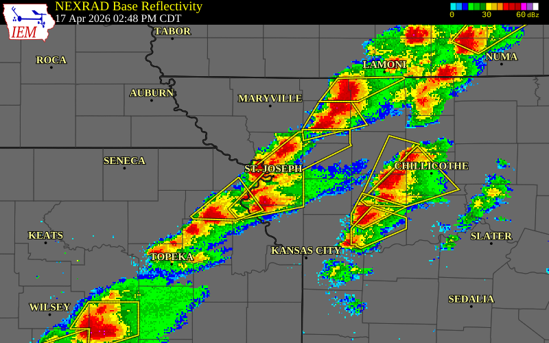 NEXRAD radar during the Friday, April 17, 2026 storm activity in Buchanan County, Missouri