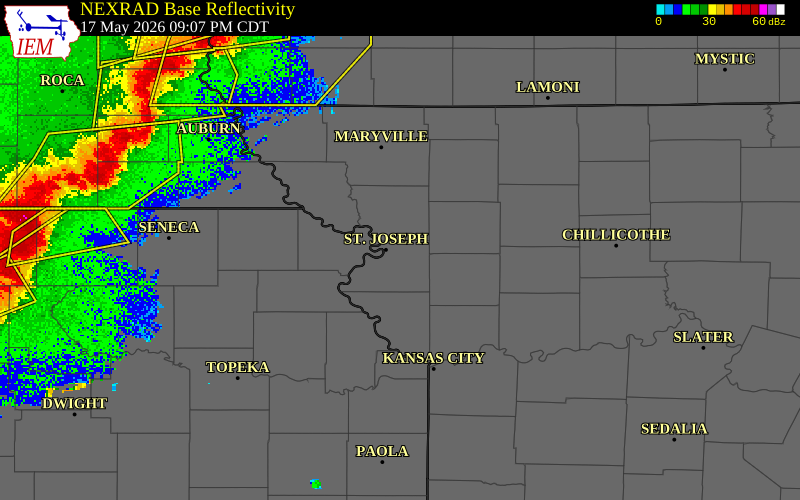 NEXRAD radar during the Sunday, May 17, 2026 storm activity in Buchanan County, Missouri