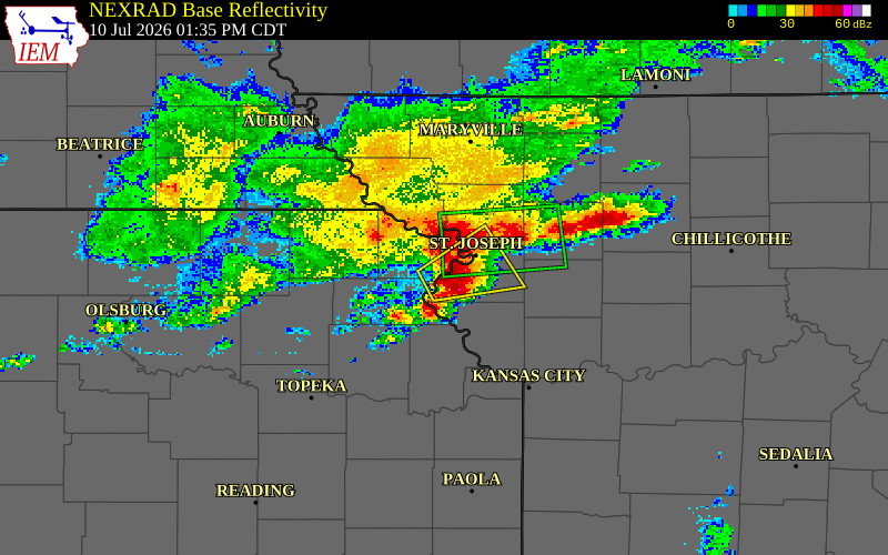 NEXRAD radar during the Friday, July 10, 2026 storm activity in Buchanan County, Missouri