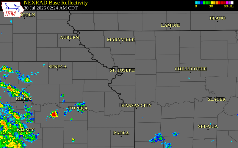 NEXRAD radar during the Thursday, July 30, 2026 storm activity in Buchanan County, Missouri