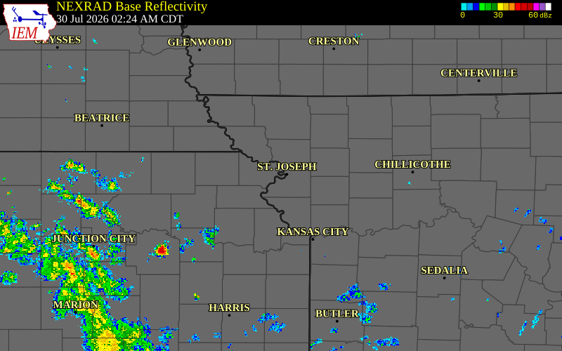 Radar snapshot during the Jul 30, 2026 wind event near 1 ESE Saint Joseph Airp, Buchanan County, Missouri, with NWS warning polygons