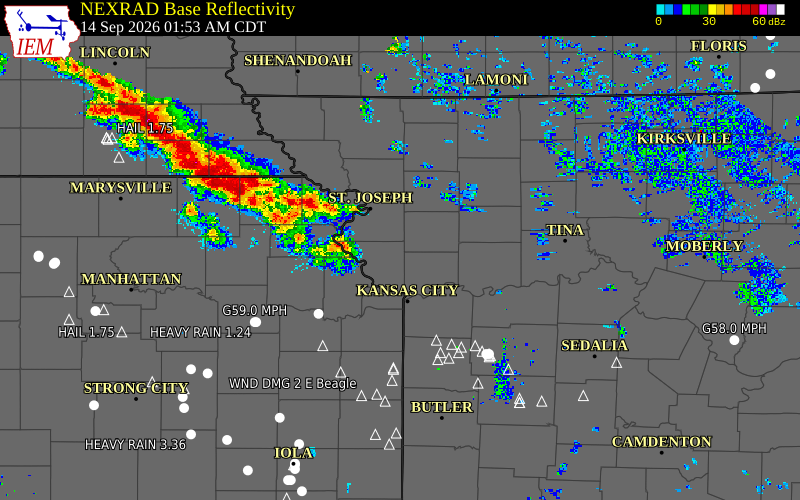 Current NEXRAD radar over Buchanan County, Missouri with recent storm report locations