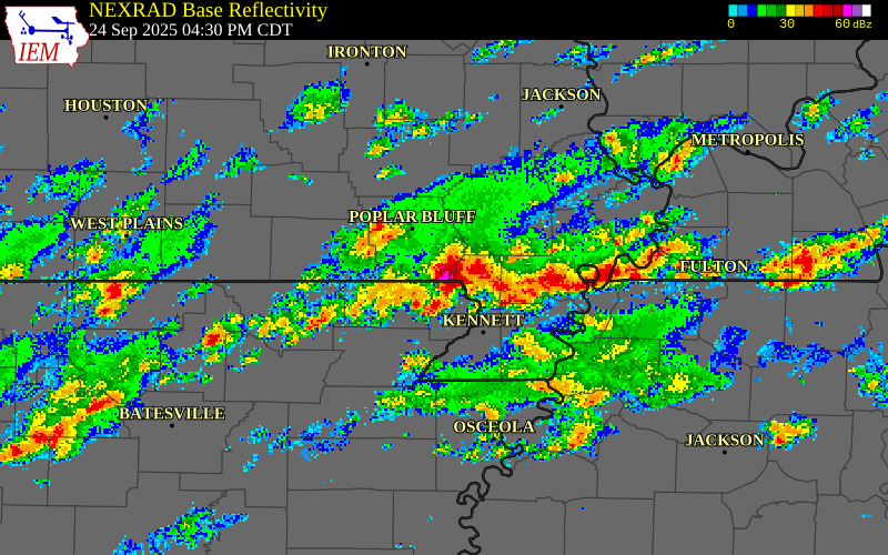 NEXRAD radar during the Wednesday, September 24, 2025 storm activity in Butler County, Missouri