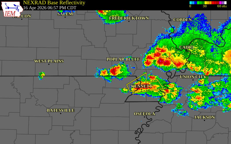 NEXRAD radar during the Thursday, April 16, 2026 storm activity in Butler County, Missouri