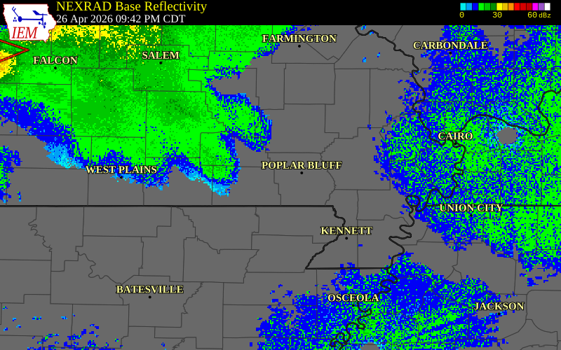 NEXRAD radar during the Sunday, April 26, 2026 storm activity in Butler County, Missouri