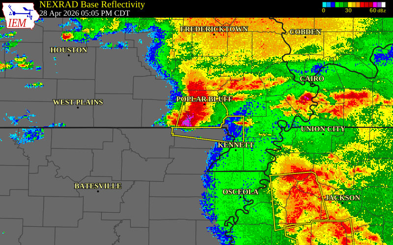 NEXRAD radar during the Tuesday, April 28, 2026 storm activity in Butler County, Missouri