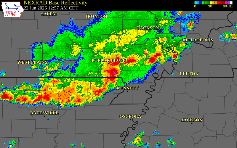 NEXRAD radar during the Monday, June 22, 2026 storm activity in Butler County, Missouri