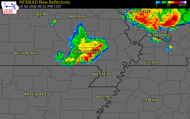 NEXRAD radar during the Friday, July 10, 2026 storm activity in Butler County, Missouri