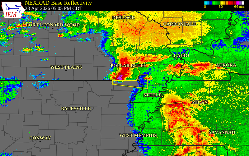 Radar snapshot during the Apr 28, 2026 wind event near Neelyville, Butler County, Missouri, with NWS warning polygons