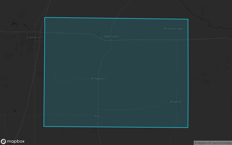 Map of Caldwell County, Missouri showing the county boundary and surrounding cities