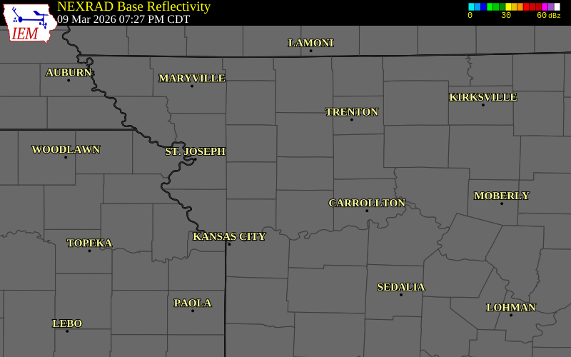 NEXRAD radar during the Monday, March 9, 2026 storm activity in Caldwell County, Missouri