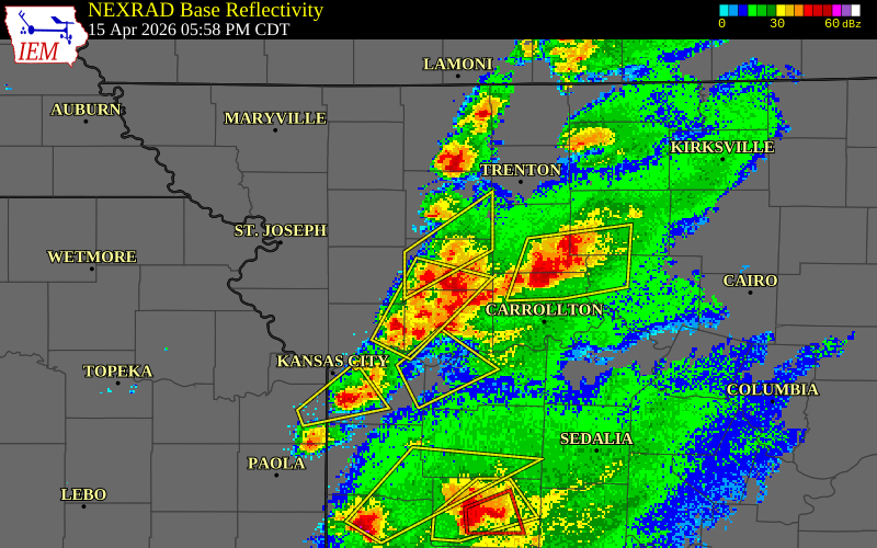NEXRAD radar during the Wednesday, April 15, 2026 storm activity in Caldwell County, Missouri