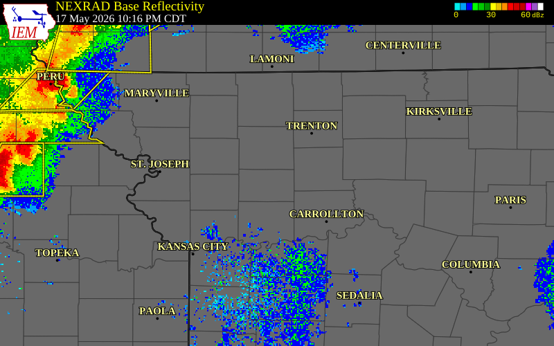 NEXRAD radar during the Sunday, May 17, 2026 storm activity in Caldwell County, Missouri