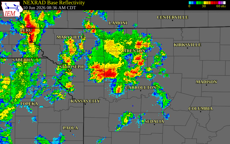 NEXRAD radar during the Wednesday, June 10, 2026 storm activity in Caldwell County, Missouri