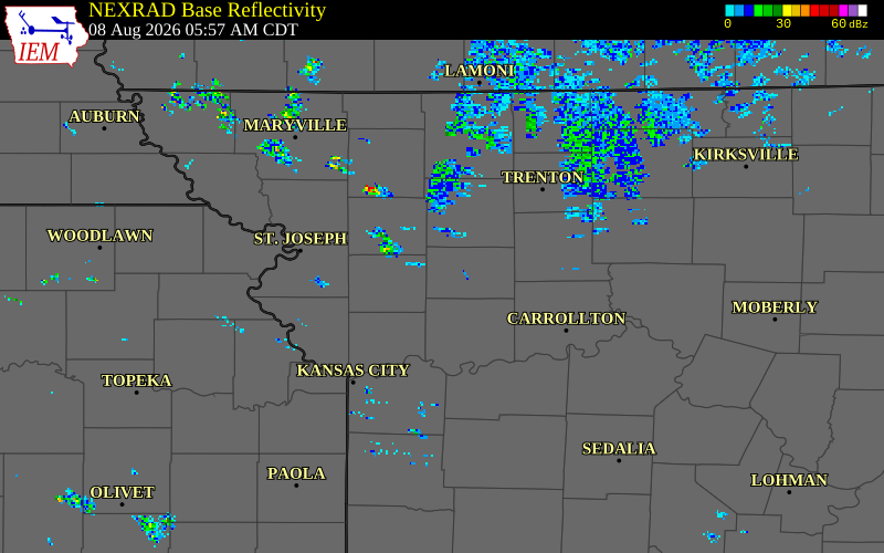 NEXRAD radar during the Saturday, August 8, 2026 storm activity in Caldwell County, Missouri