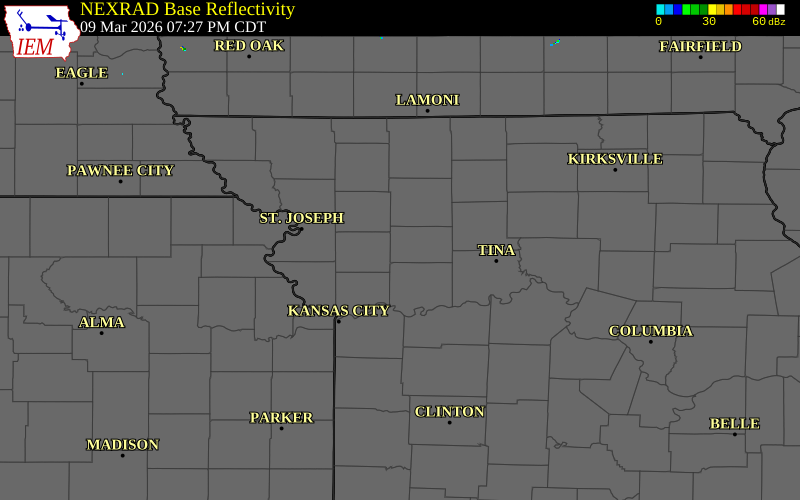 Radar snapshot during the Mar 9, 2026 hail event near 6 WSW Kingston, Caldwell County, Missouri, with NWS warning polygons
