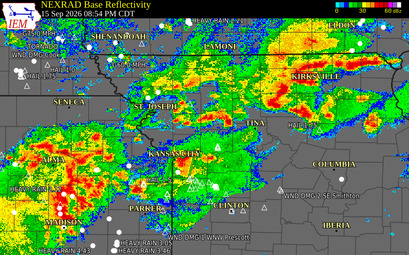 Current NEXRAD radar over Caldwell County, Missouri with recent storm report locations