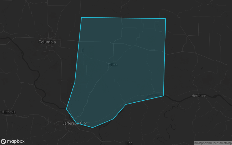 Map of Callaway County, Missouri showing the county boundary and surrounding cities