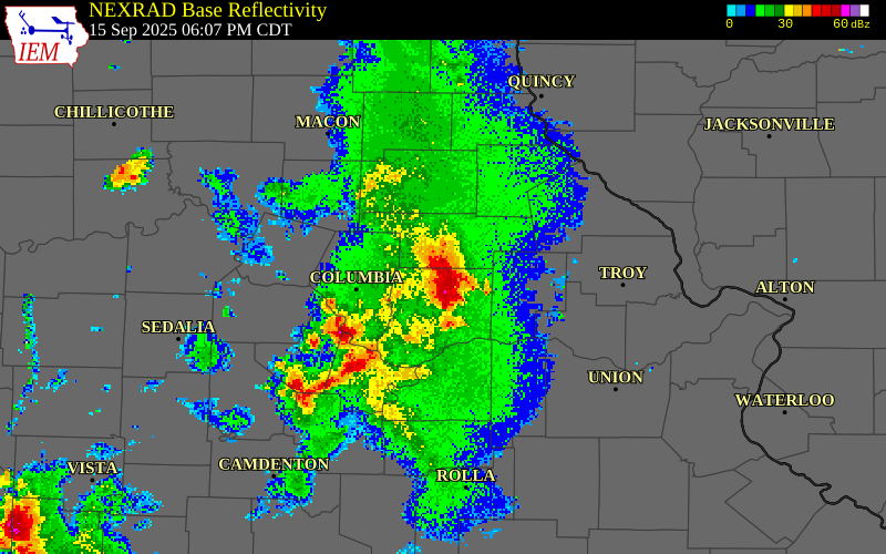 NEXRAD radar during the Monday, September 15, 2025 storm activity in Callaway County, Missouri