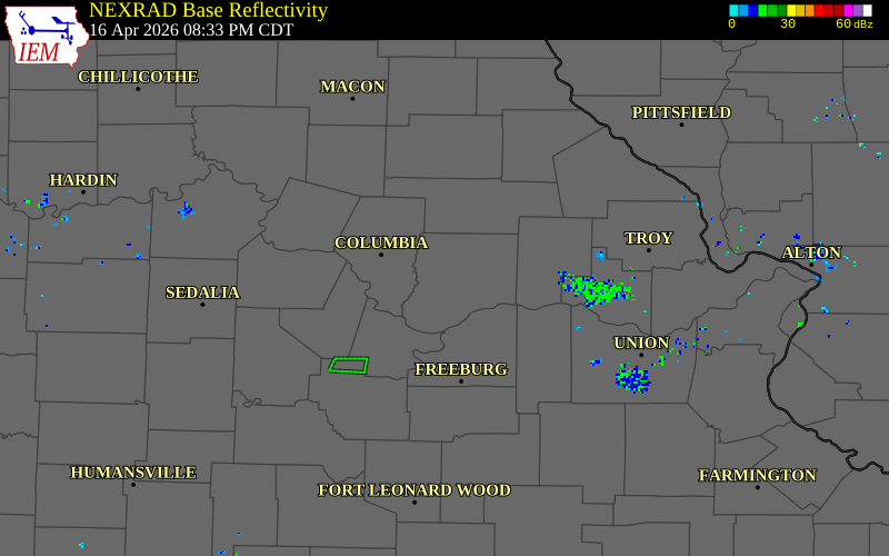 NEXRAD radar during the Thursday, April 16, 2026 storm activity in Callaway County, Missouri