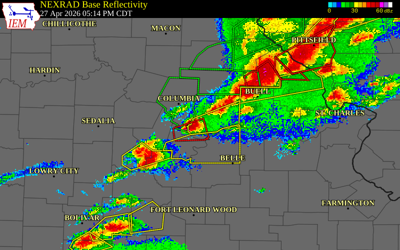 NEXRAD radar during the Monday, April 27, 2026 storm activity in Callaway County, Missouri