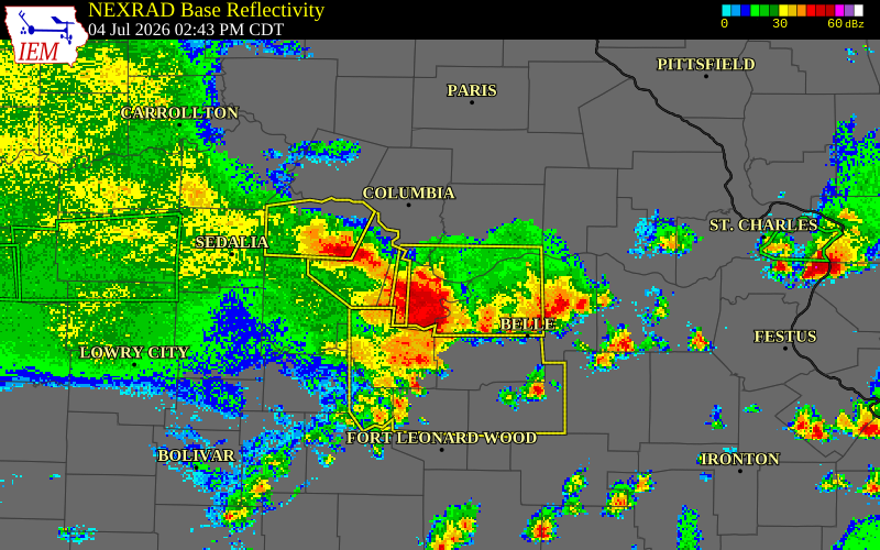 NEXRAD radar during the Saturday, July 4, 2026 storm activity in Callaway County, Missouri