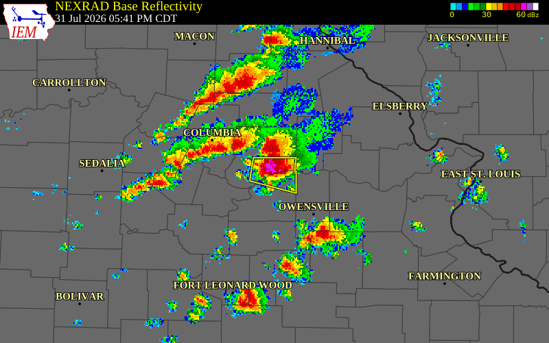 NEXRAD radar during the Friday, July 31, 2026 storm activity in Callaway County, Missouri