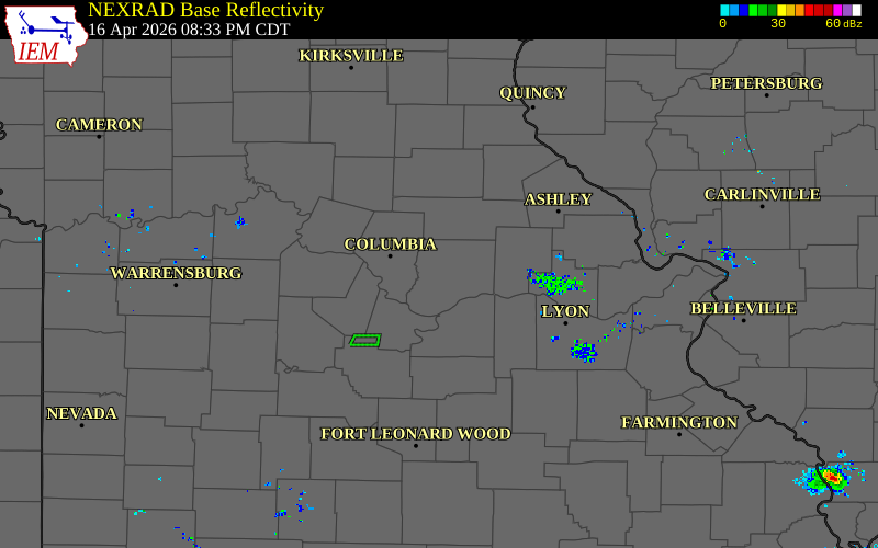 Radar snapshot during the Apr 16, 2026 tornado event near 3 WSW Fulton, Callaway County, Missouri, with NWS warning polygons