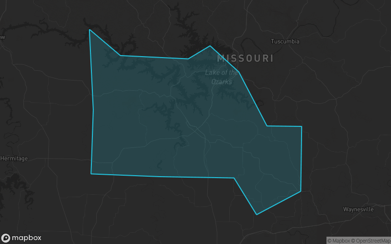 Map of Camden County, Missouri showing the county boundary and surrounding cities