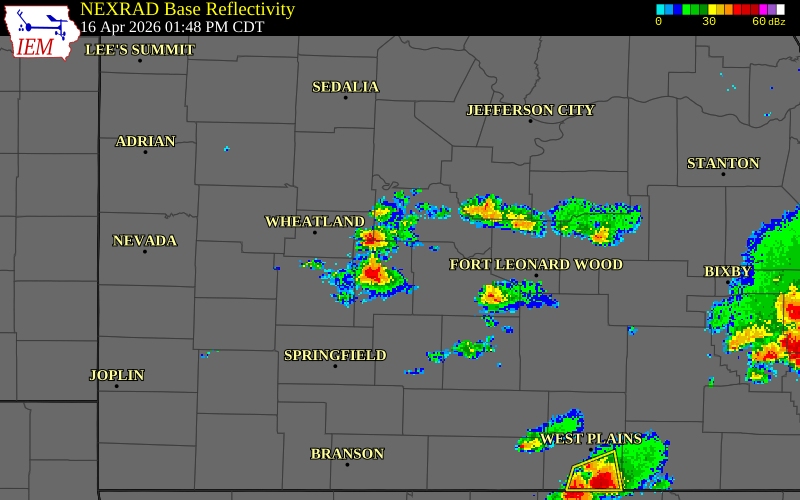 NEXRAD radar during the Thursday, April 16, 2026 storm activity in Camden County, Missouri