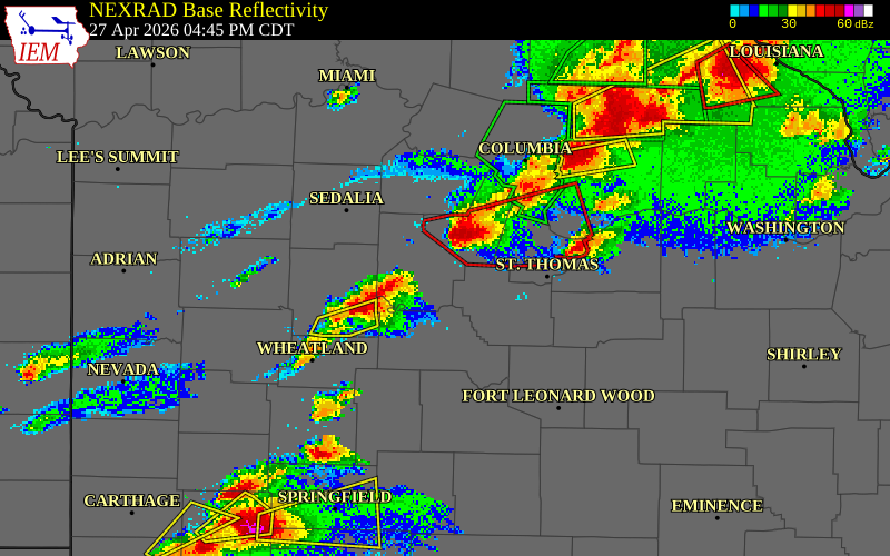 NEXRAD radar during the Monday, April 27, 2026 storm activity in Camden County, Missouri