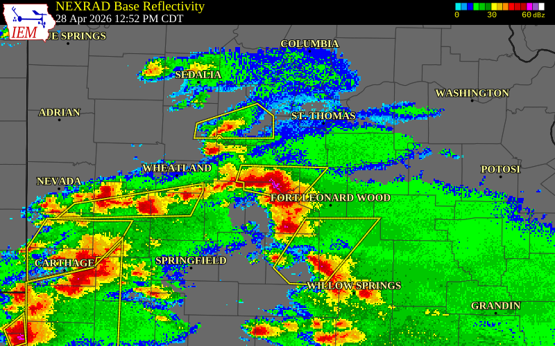 NEXRAD radar during the Tuesday, April 28, 2026 storm activity in Camden County, Missouri