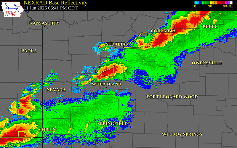 NEXRAD radar during the Thursday, June 11, 2026 storm activity in Camden County, Missouri