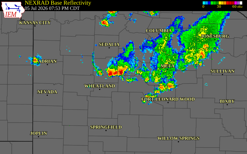 NEXRAD radar during the Sunday, July 5, 2026 storm activity in Camden County, Missouri