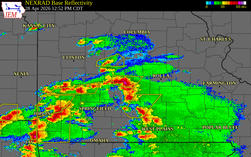 Radar snapshot during the Apr 28, 2026 hail event near Montreal, Camden County, Missouri, with NWS warning polygons