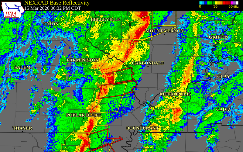 NEXRAD radar during the Sunday, March 15, 2026 storm activity in Cape Girardeau County, Missouri