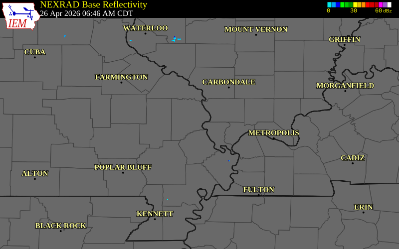 NEXRAD radar during the Sunday, April 26, 2026 storm activity in Cape Girardeau County, Missouri