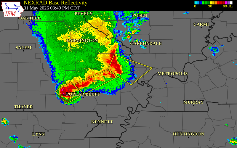 NEXRAD radar during the Sunday, May 31, 2026 storm activity in Cape Girardeau County, Missouri