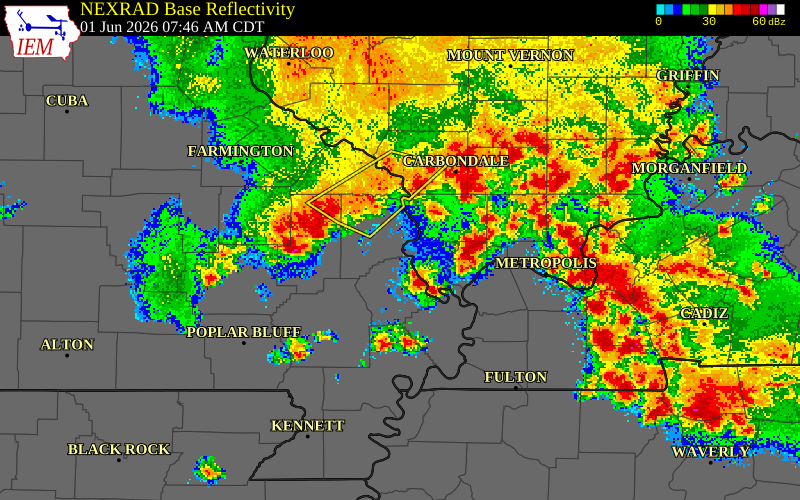 NEXRAD radar during the Monday, June 1, 2026 storm activity in Cape Girardeau County, Missouri