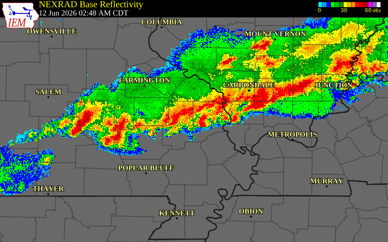 NEXRAD radar during the Friday, June 12, 2026 storm activity in Cape Girardeau County, Missouri
