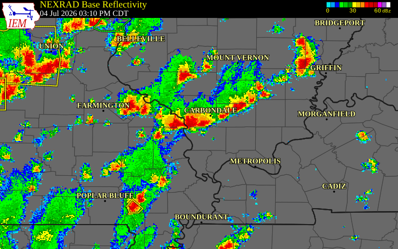 NEXRAD radar during the Saturday, July 4, 2026 storm activity in Cape Girardeau County, Missouri