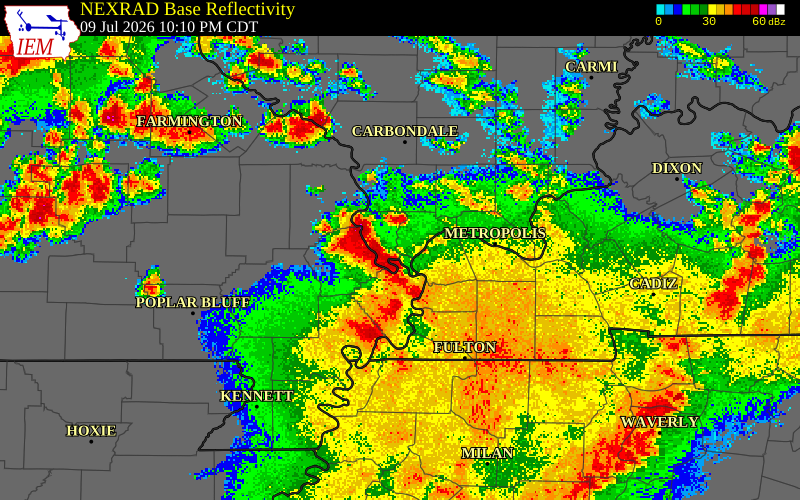 NEXRAD radar during the Thursday, July 9, 2026 storm activity in Cape Girardeau County, Missouri