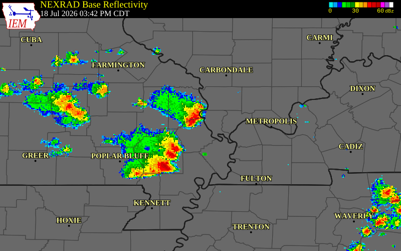 NEXRAD radar during the Saturday, July 18, 2026 storm activity in Cape Girardeau County, Missouri