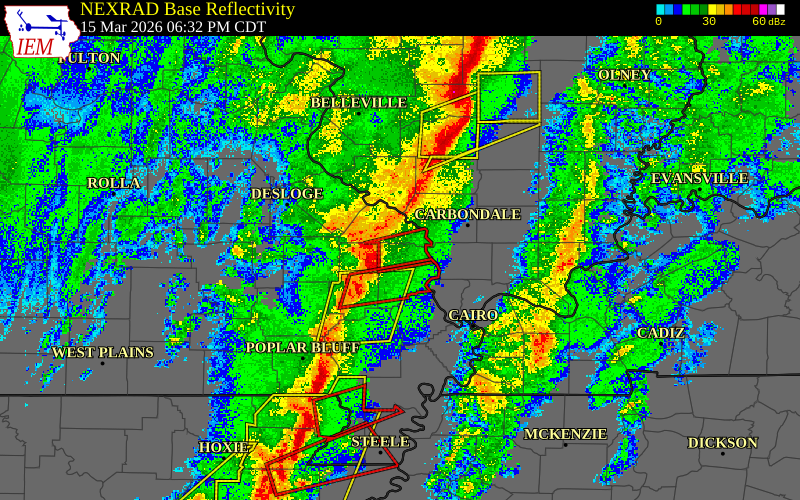 Radar snapshot during the Mar 15, 2026 tornado event near 3 S Old Appleton, Cape Girardeau County, Missouri, with NWS warning polygons
