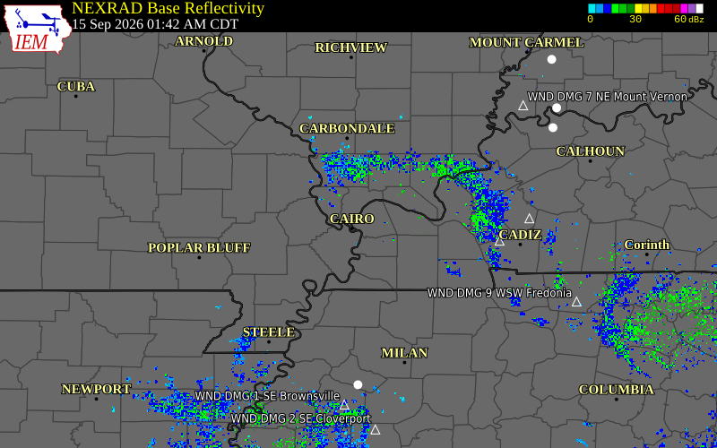Current NEXRAD radar over Cape Girardeau County, Missouri with recent storm report locations