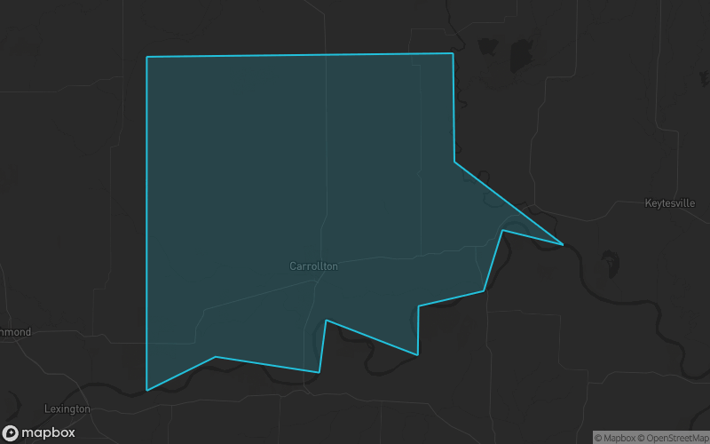 Map of Carroll County, Missouri showing the county boundary and surrounding cities