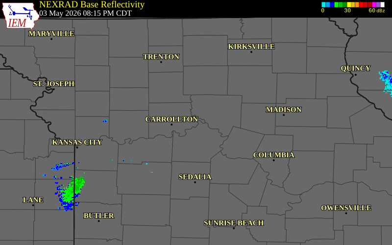NEXRAD radar during the Sunday, May 3, 2026 storm activity in Carroll County, Missouri
