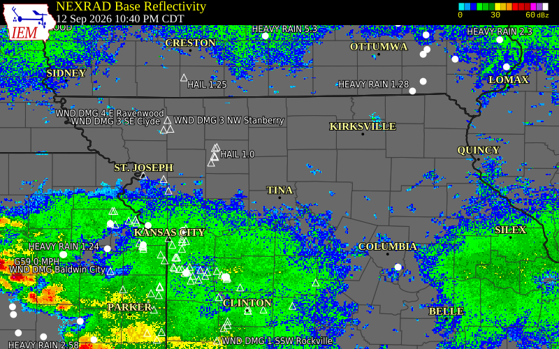 Current NEXRAD radar over Carroll County, Missouri with recent storm report locations