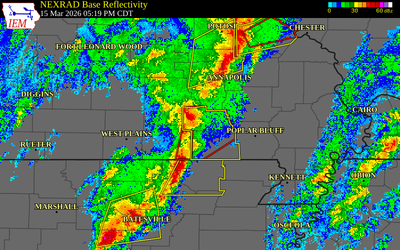 NEXRAD radar during the Sunday, March 15, 2026 storm activity in Carter County, Missouri