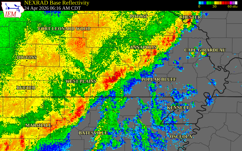 NEXRAD radar during the Friday, April 24, 2026 storm activity in Carter County, Missouri